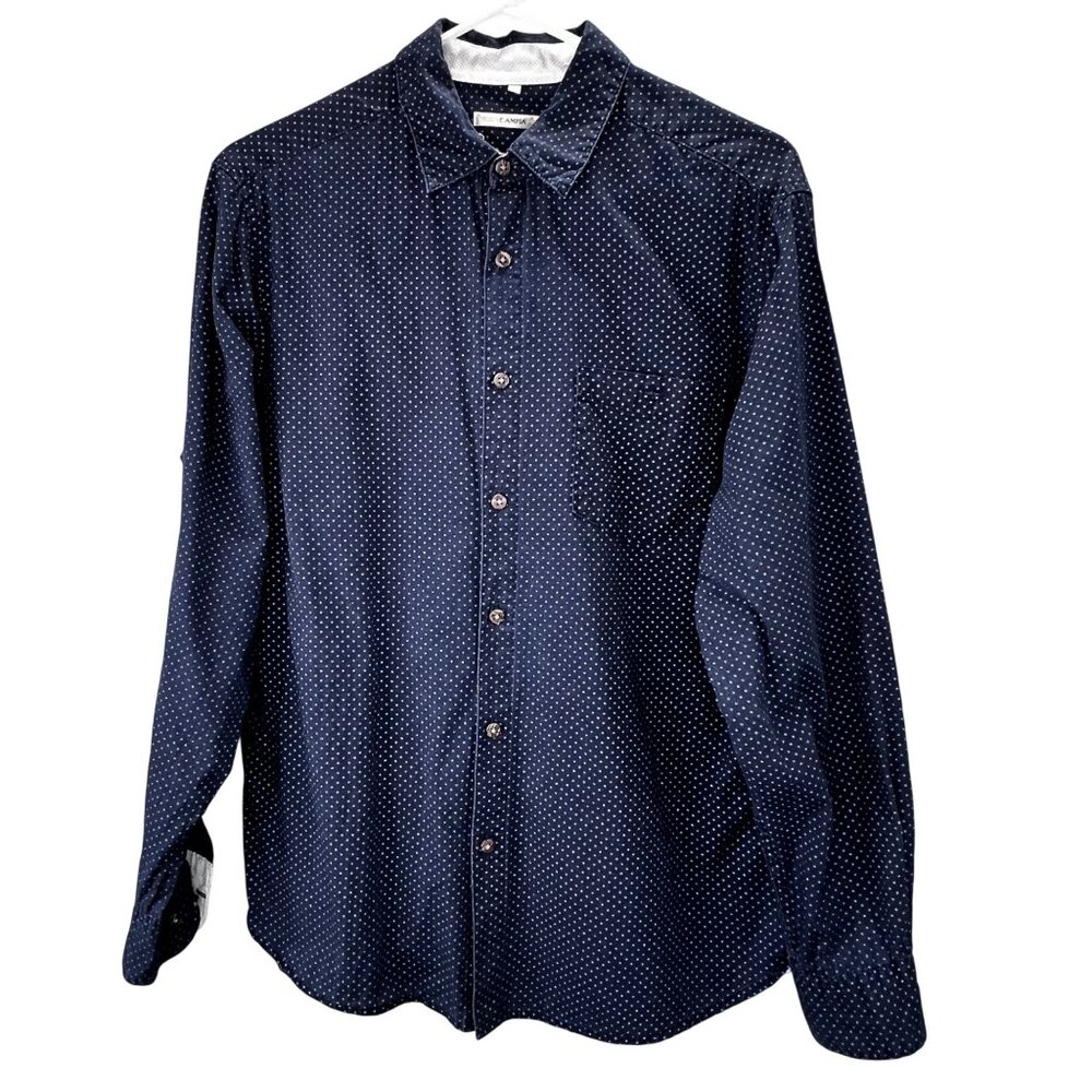 Moda Campia Button Up Shirt M Men Blue Long Sleeve Pocket Squares Pattern